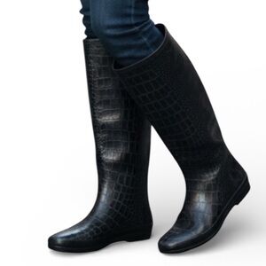 Henry Ferrera Black Knee High Croc-Embossed Winter Boots Size 6 Rain Winter